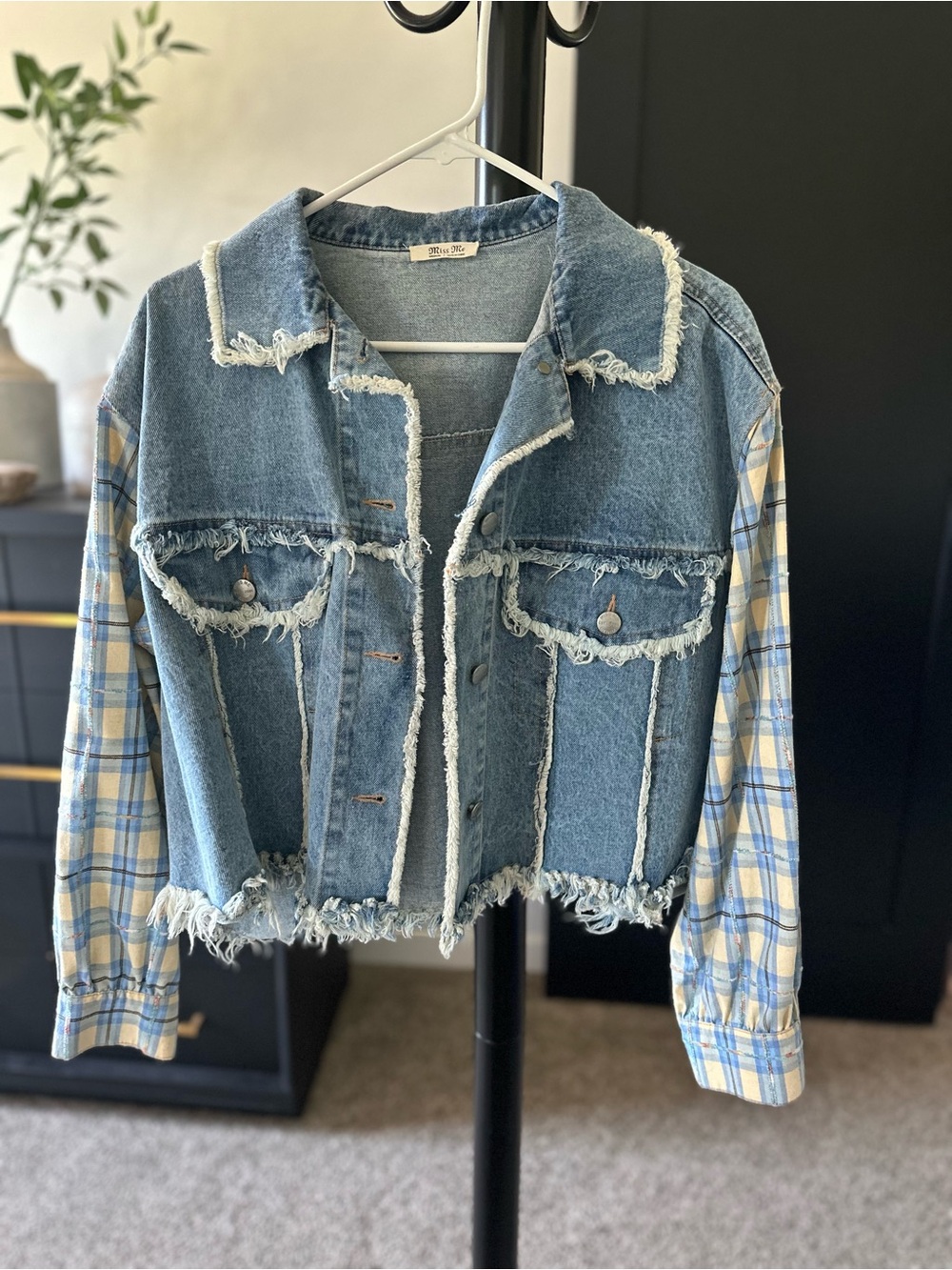 Miss Me Light Blue Denim Jacket with Plaid Sleeves and Crochet Back